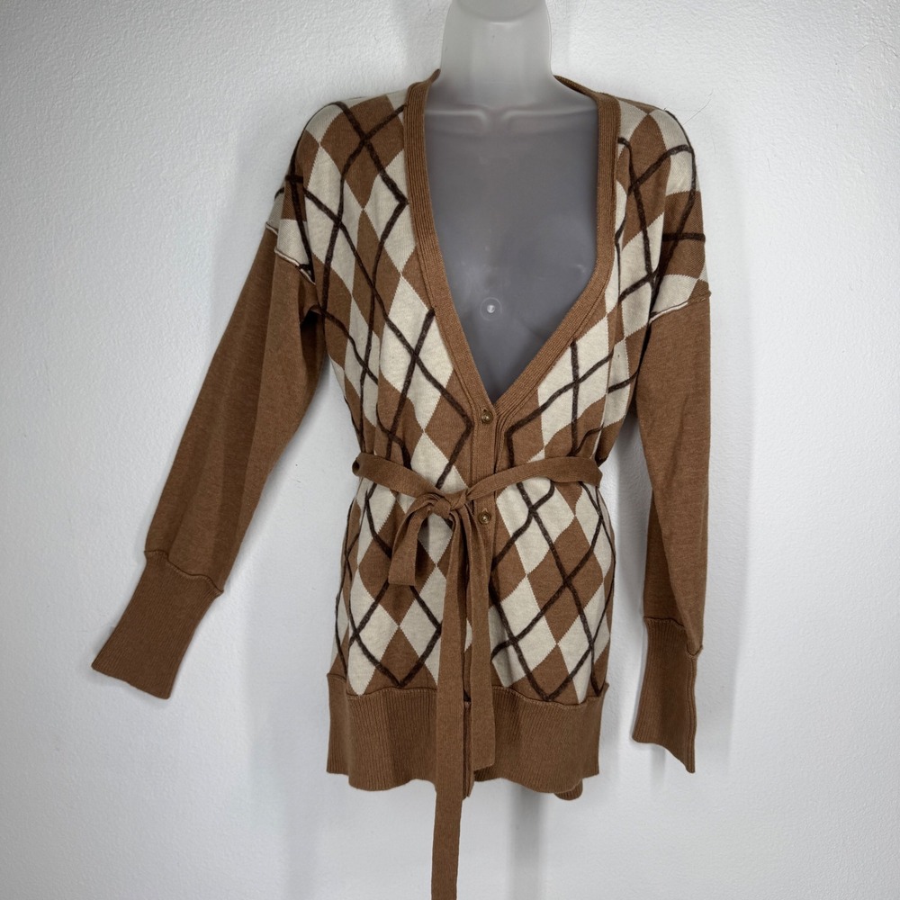 LOFT Argyle Belted Longline Cardigan Sweater Brown Large Academia Texture Preppy